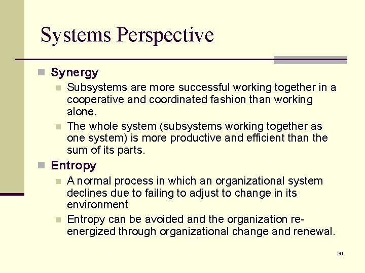 Systems Perspective n Synergy n Subsystems are more successful working together in a cooperative