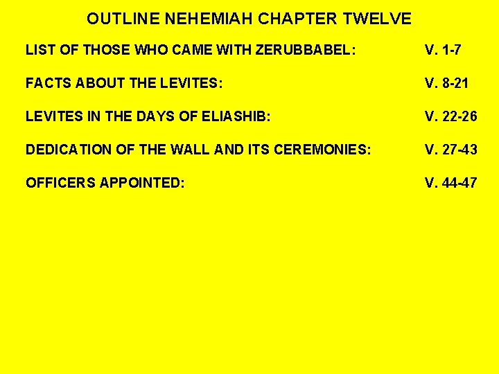 OUTLINE NEHEMIAH CHAPTER TWELVE LIST OF THOSE WHO CAME WITH ZERUBBABEL: V. 1 -7