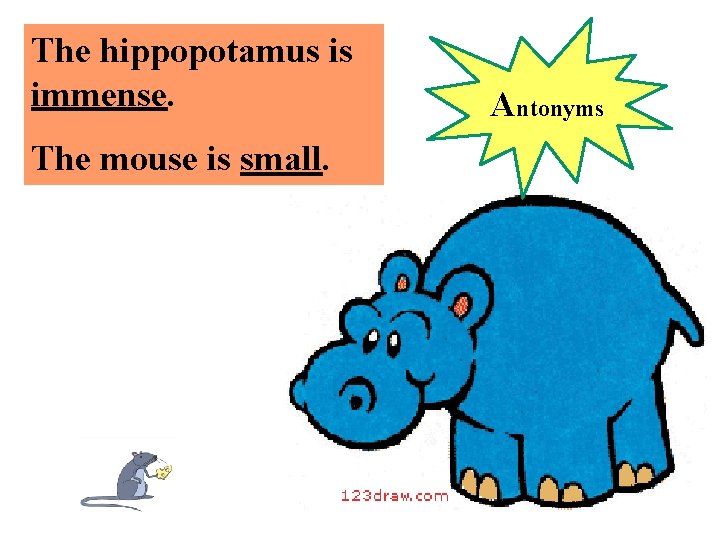The hippopotamus is immense. The mouse is small. Antonyms 