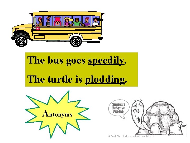 The bus goes speedily. The turtle is plodding. Antonyms 