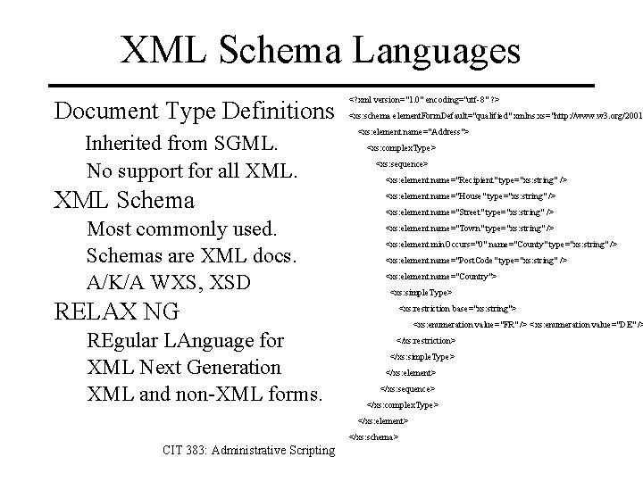 XML Schema Languages Document Type Definitions Inherited from SGML. No support for all XML