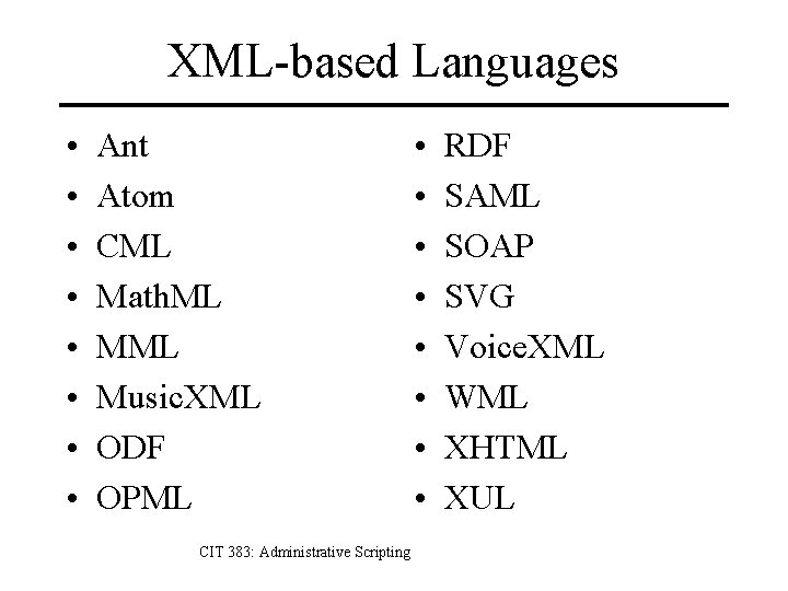 XML-based Languages • • Ant Atom CML Math. ML Music. XML ODF OPML CIT