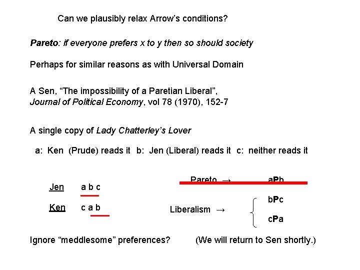 Can we plausibly relax Arrow’s conditions? Pareto: if everyone prefers x to y then