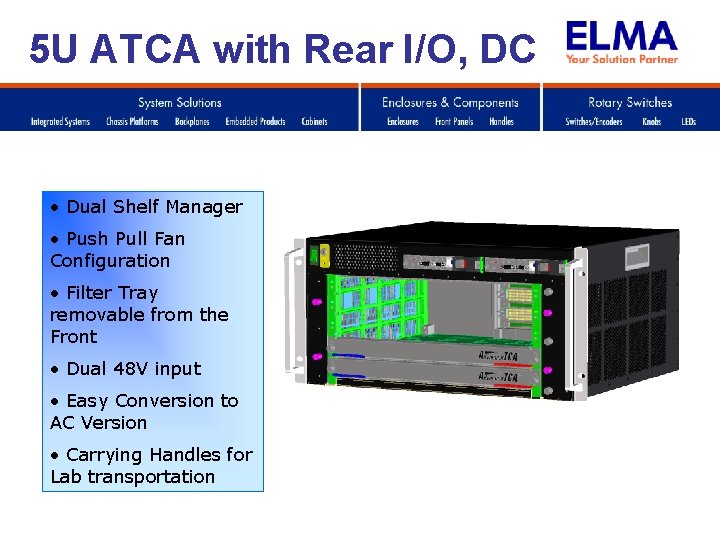 5 U ATCA with Rear I/O, DC • Dual Shelf Manager • Push Pull