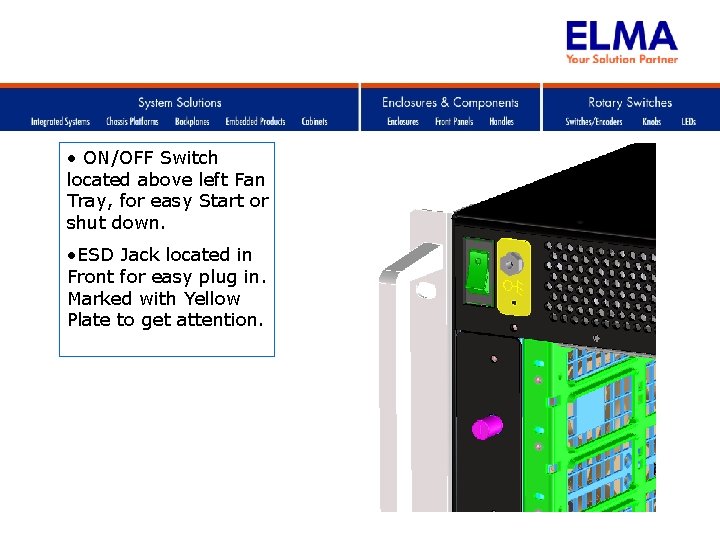  • ON/OFF Switch located above left Fan Tray, for easy Start or shut