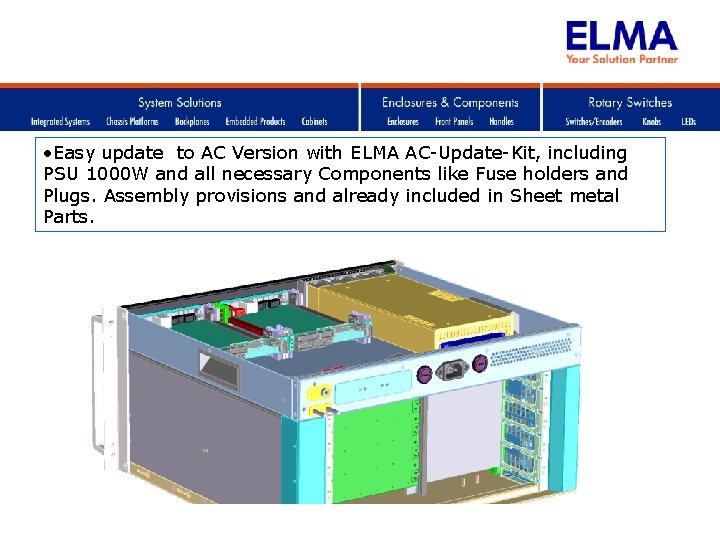  • Easy update to AC Version with ELMA AC-Update-Kit, including PSU 1000 W