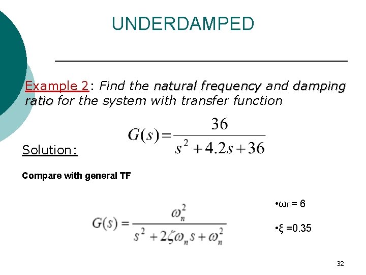 UNDERDAMPED Example 2: Find the natural frequency and damping ratio for the system with