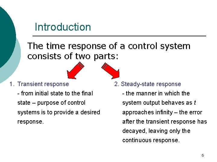 Introduction The time response of a control system consists of two parts: 1. Transient