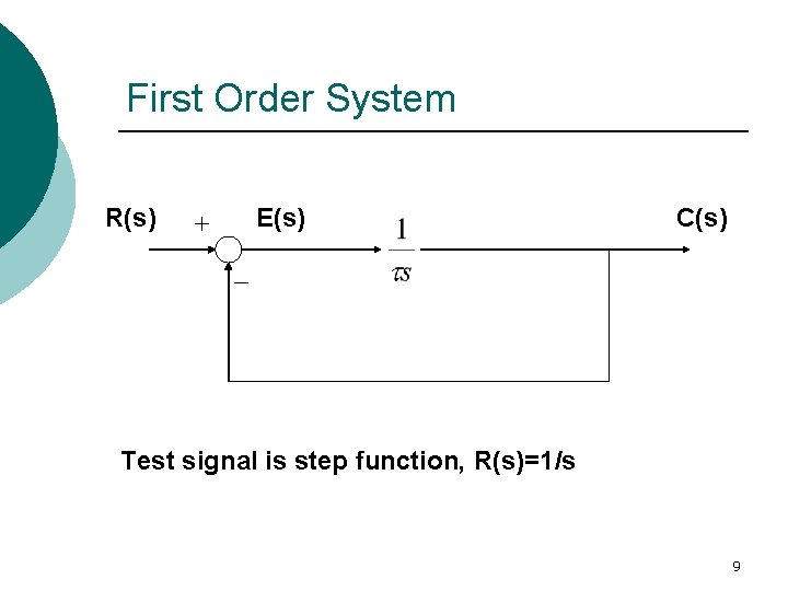 First Order System R(s) E(s) C(s) Test signal is step function, R(s)=1/s 9 