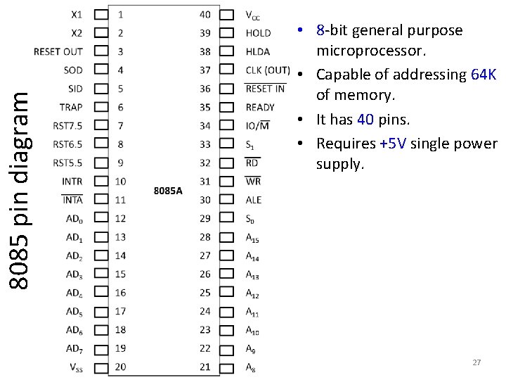 8085 pin diagram • 8 -bit general purpose microprocessor. • Capable of addressing 64