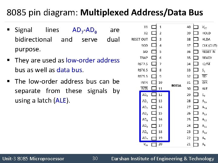 8085 pin diagram: Multiplexed Address/Data Bus § Signal lines AD 7 -AD 0 bidirectional