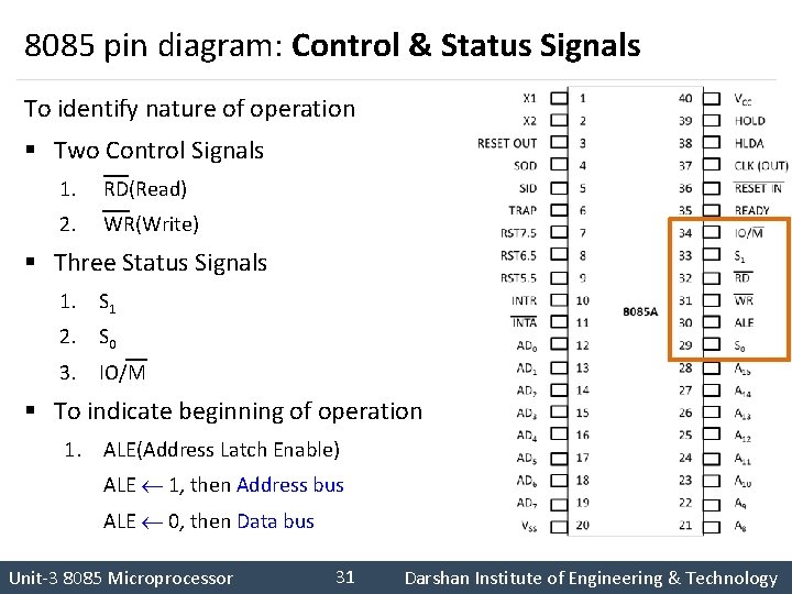 8085 pin diagram: Control & Status Signals To identify nature of operation § Two