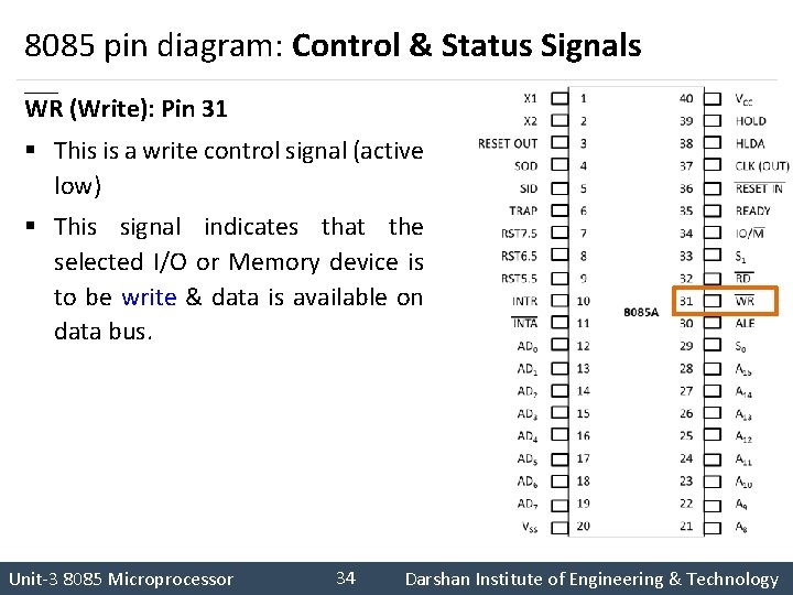 8085 pin diagram: Control & Status Signals WR (Write): Pin 31 § This is