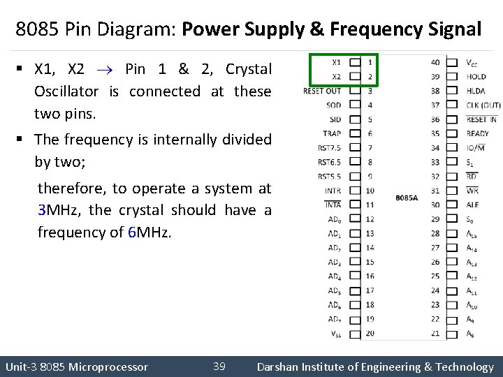 8085 Pin Diagram: Power Supply & Frequency Signal § X 1, X 2 Pin