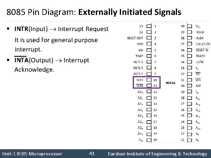 8085 Pin Diagram: Externally Initiated Signals § INTR(Input) Interrupt Request It is used for