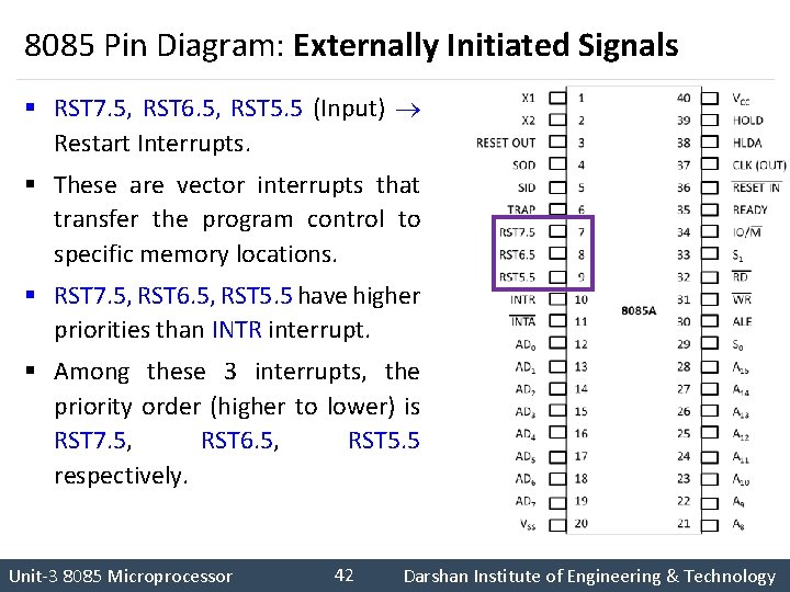 8085 Pin Diagram: Externally Initiated Signals § RST 7. 5, RST 6. 5, RST