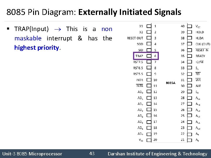 8085 Pin Diagram: Externally Initiated Signals § TRAP(Input) This is a non maskable interrupt