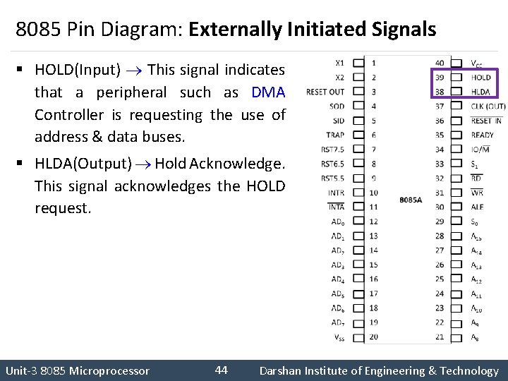 8085 Pin Diagram: Externally Initiated Signals § HOLD(Input) This signal indicates that a peripheral