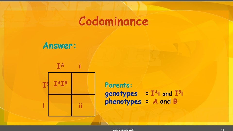 Codominance Answer: IA IB i i I AI B ii Parents: genotypes = IAi