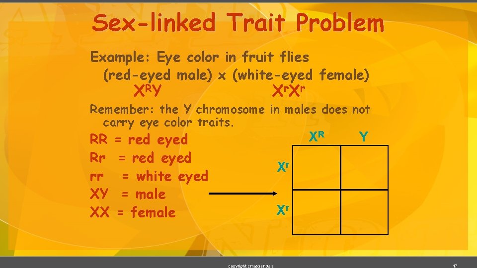 Sex-linked Trait Problem Example: Eye color in fruit flies (red-eyed male) x (white-eyed female)