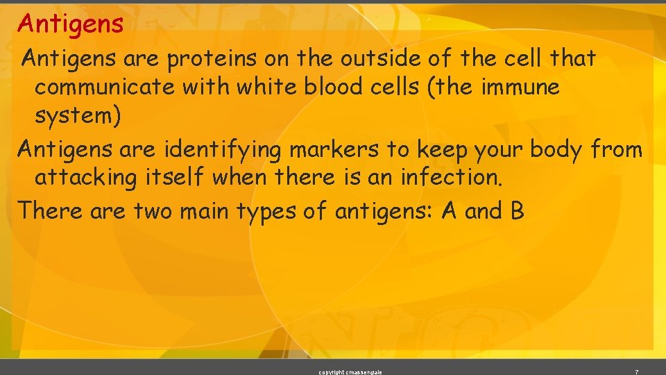 Antigens are proteins on the outside of the cell that communicate with white blood