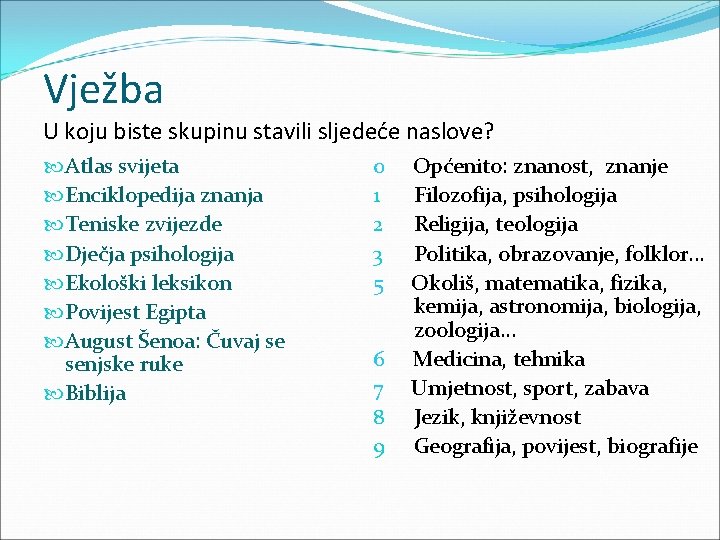 Vježba U koju biste skupinu stavili sljedeće naslove? Atlas svijeta Enciklopedija znanja Teniske zvijezde