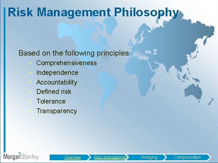 Risk Management Philosophy Based on the following principles • • • Comprehensiveness Independence Accountability