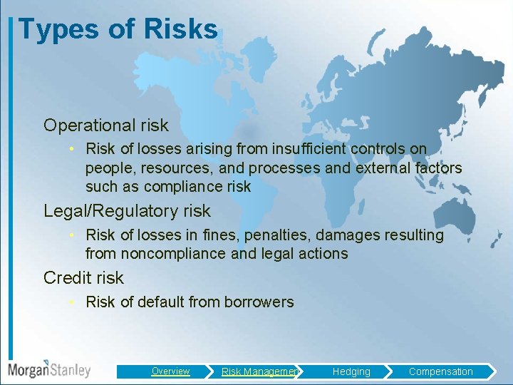 Types of Risks Operational risk • Risk of losses arising from insufficient controls on