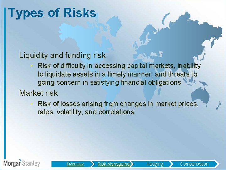 Types of Risks Liquidity and funding risk • Risk of difficulty in accessing capital