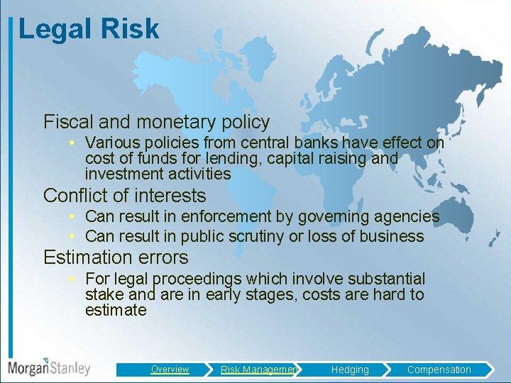 Legal Risk Fiscal and monetary policy • Various policies from central banks have effect