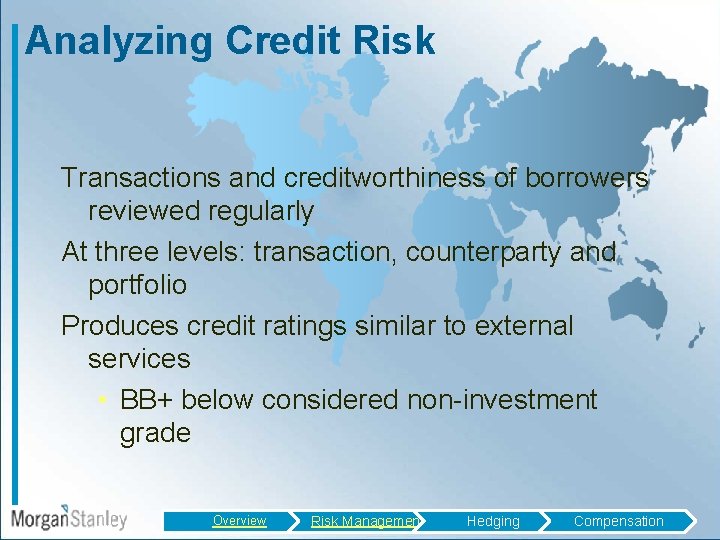 Analyzing Credit Risk Transactions and creditworthiness of borrowers reviewed regularly At three levels: transaction,