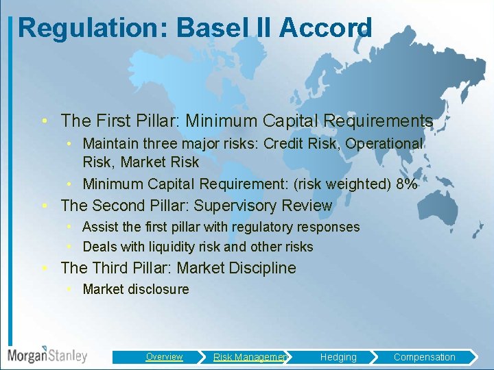 Regulation: Basel II Accord • The First Pillar: Minimum Capital Requirements • Maintain three