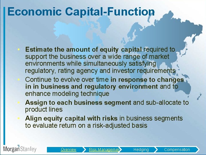 Economic Capital-Function • Estimate the amount of equity capital required to support the business