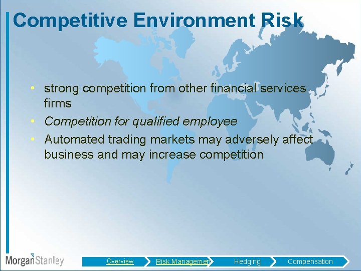 Competitive Environment Risk • strong competition from other financial services firms • Competition for