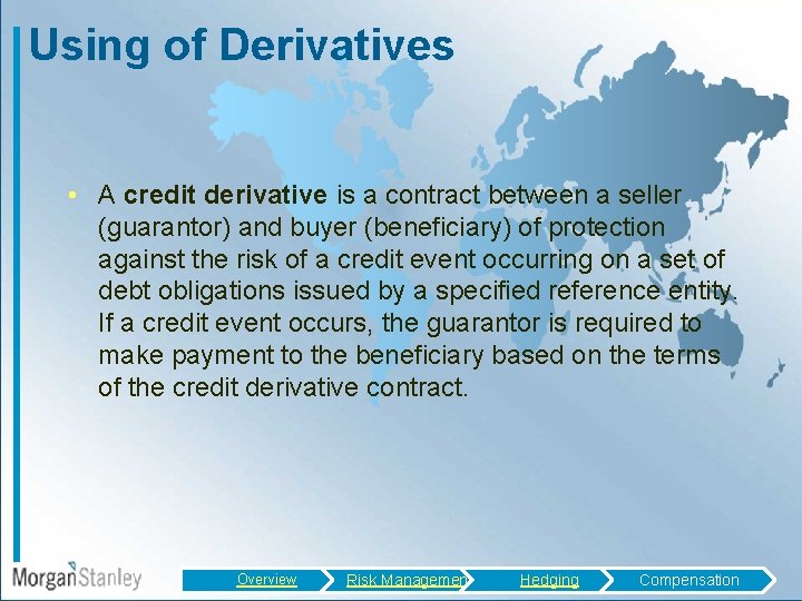 Using of Derivatives • A credit derivative is a contract between a seller (guarantor)