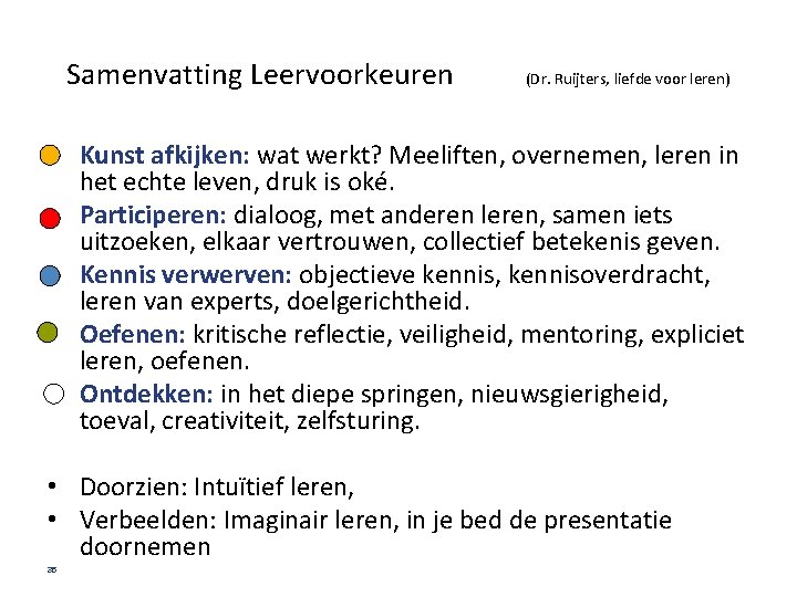 Samenvatting Leervoorkeuren (Dr. Ruijters, liefde voor leren) • Kunst afkijken: wat werkt? Meeliften, overnemen,