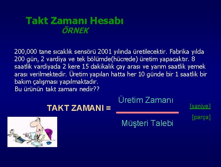 Takt Zamanı Hesabı ÖRNEK 200, 000 tane sıcaklık sensörü 2001 yılında üretilecektir. Fabrika yılda