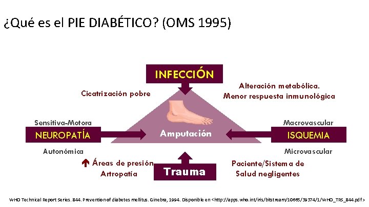 ¿Qué es el PIE DIABÉTICO? (OMS 1995) INFECCIÓN Cicatrización pobre Sensitiva-Motora NEUROPATÍA Alteración metabólica.