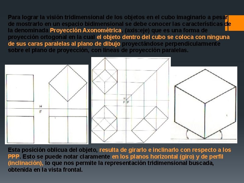 Para lograr la visión tridimensional de los objetos en el cubo imaginario a pesar Para lograr la visión tridimensional de los objetos en el cubo imaginario a pesar