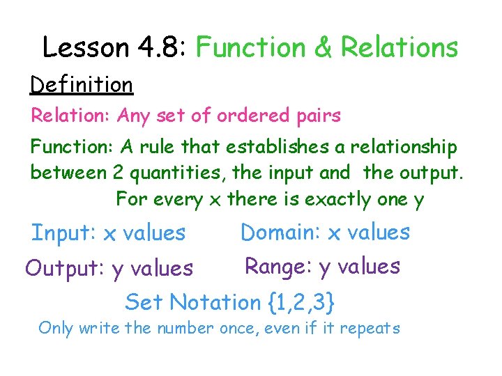 Lesson 4. 8: Function & Relations Definition Relation: Any set of ordered pairs Function: