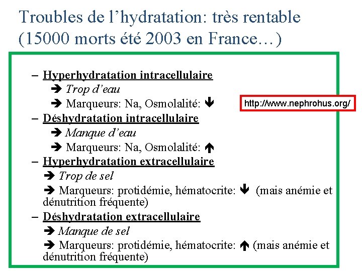 Troubles de l’hydratation: très rentable (15000 morts été 2003 en France…) • 4 situations