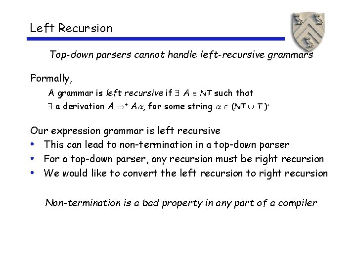 Left Recursion Top-down parsers cannot handle left-recursive grammars Formally, A grammar is left recursive Left Recursion Top-down parsers cannot handle left-recursive grammars Formally, A grammar is left recursive
