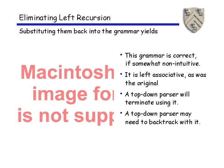 Eliminating Left Recursion Substituting them back into the grammar yields • This grammar is Eliminating Left Recursion Substituting them back into the grammar yields • This grammar is