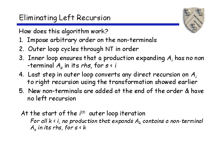 Eliminating Left Recursion How does this algorithm work? 1. Impose arbitrary order on the Eliminating Left Recursion How does this algorithm work? 1. Impose arbitrary order on the