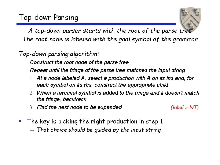 Top-down Parsing A top-down parser starts with the root of the parse tree The Top-down Parsing A top-down parser starts with the root of the parse tree The