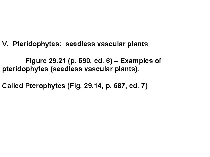 V. Pteridophytes: seedless vascular plants Figure 29. 21 (p. 590, ed. 6) – Examples V. Pteridophytes: seedless vascular plants Figure 29. 21 (p. 590, ed. 6) – Examples