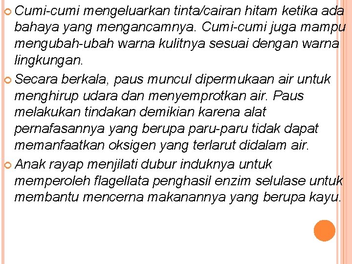 Cumi-cumi mengeluarkan tinta/cairan hitam ketika ada bahaya yang mengancamnya. Cumi-cumi juga mampu mengubah-ubah Cumi-cumi mengeluarkan tinta/cairan hitam ketika ada bahaya yang mengancamnya. Cumi-cumi juga mampu mengubah-ubah