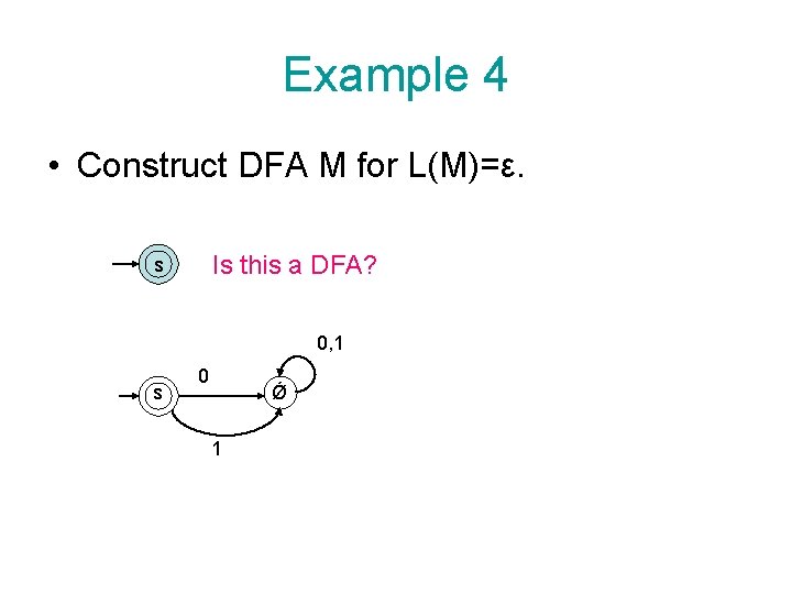 Example 4 • Construct DFA M for L(M)=ε. Is this a DFA? s 0,