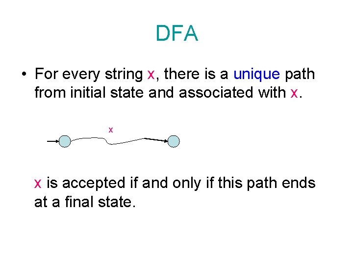 DFA • For every string x, there is a unique path from initial state