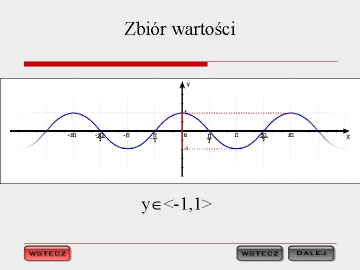 Zbiór wartości y <-1, 1> 